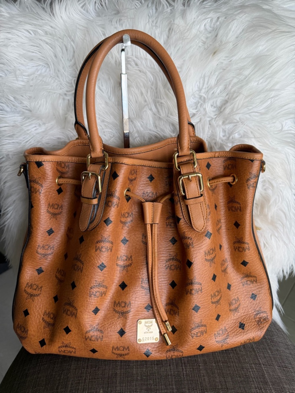 MCM Cognac Visetos Drawstring Shoulder Bag with Gold Hardware